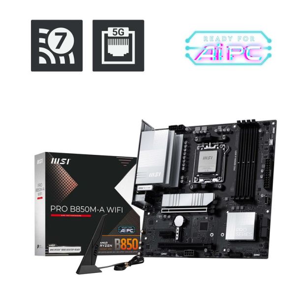 MSI PRO B850M-A WIFI AMD B850 AM5 DDR5 Micro ATX 2x M.2 Wi-Fi 7 Motherboard