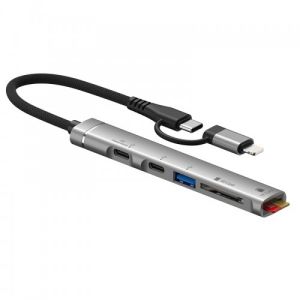 (5in1, dual tip), Type C + 8Pin 019E 5 In 1 Hub With Card Reader, USB and 2 X Type C Port