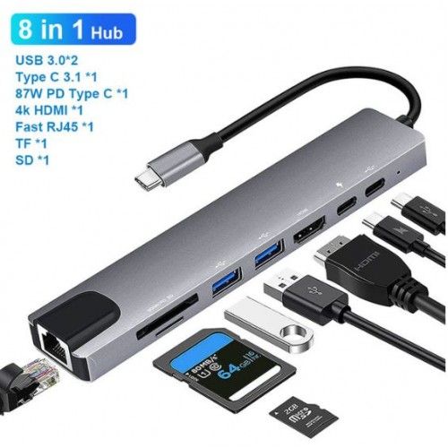 (8in1) USB 3.1 Type C 8 In 1 Hub With HDMI, Lan, Card Reader, USB and Type C Port