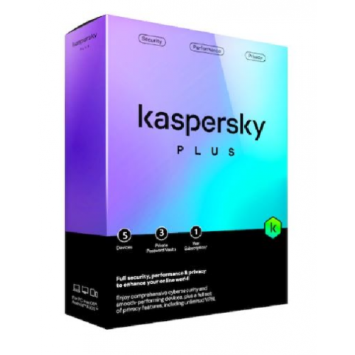 Kaspersky Plus 5-Device - 1 year with unlimited VPN retail box, PC/Mac/Android, English/French (Bilingual)